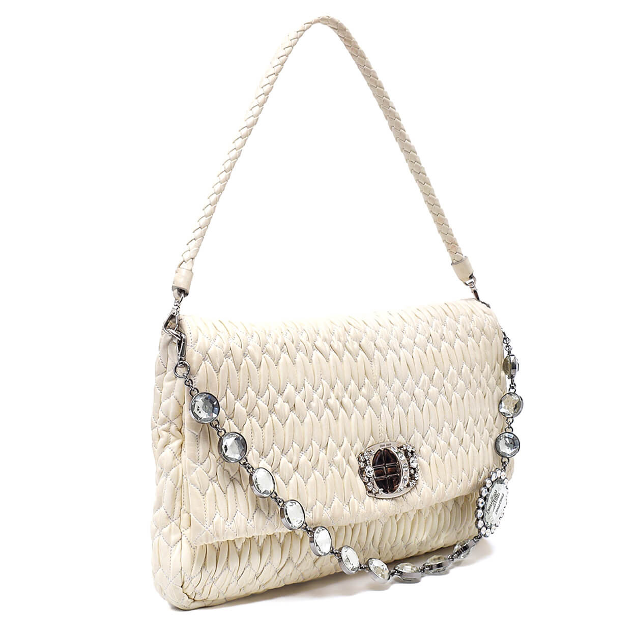 Miu Miu - Cream Matelasse Leather Bag w Iconic Crystal Cloque & Strap 